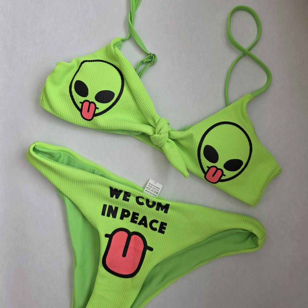 NWOT Green Alien We Cum In Peace Swim Set Padded Bra Adjustable Straps W/ Bow SM